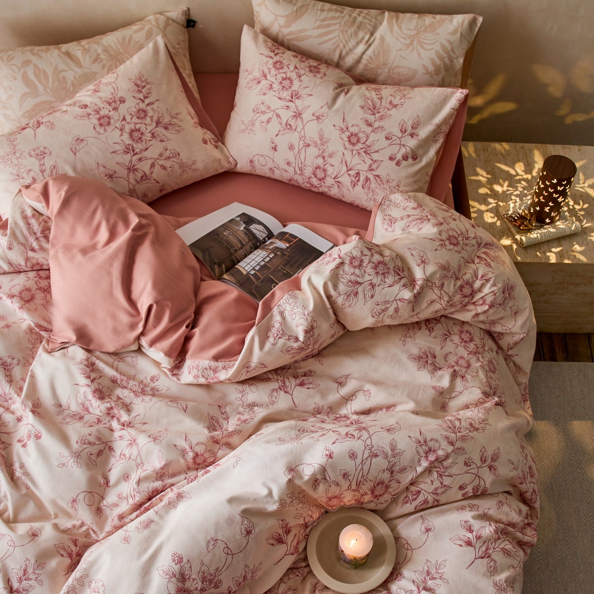 91家纺网 家纺一手货源 找家纺 安莱生活 2025新款A类40支磨毛印花全棉四件套 花禧-红