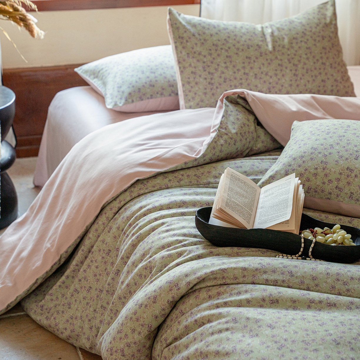 91家纺网 家纺一手货源 找家纺 禾时 2025新款全棉贡缎磨毛数码印花四件套 珑葵-绿