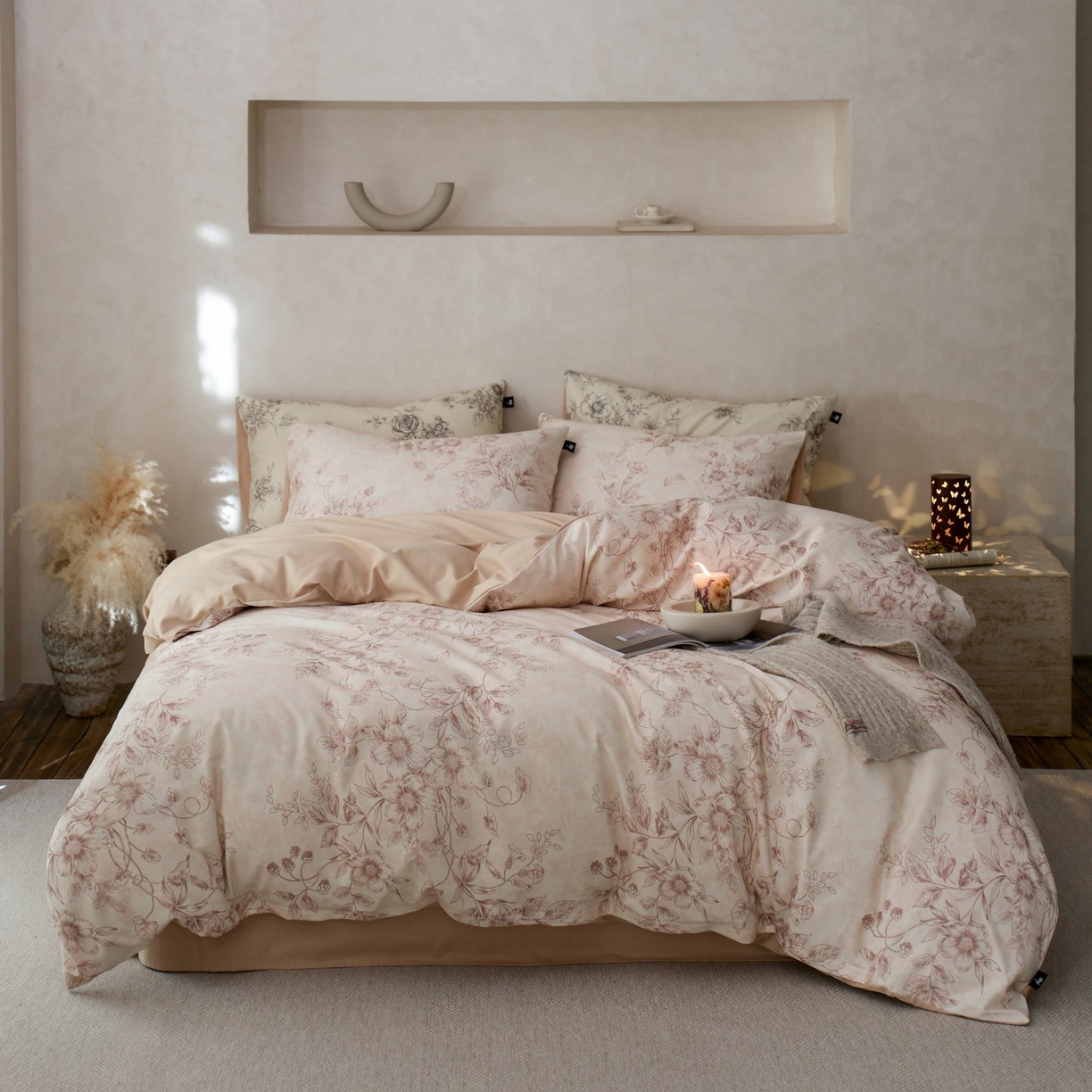 91家纺网 家纺一手货源 找家纺 安莱生活 2025新款A类40支磨毛印花全棉四件套 花禧-咖