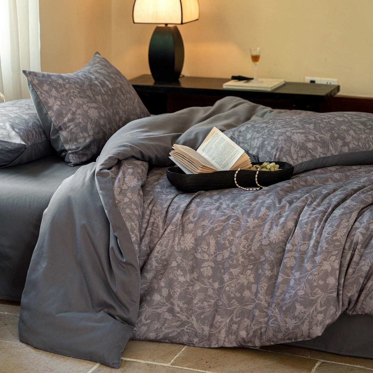 禾时 2025新款全棉贡缎磨毛数码印花四件套 莳萝-深灰