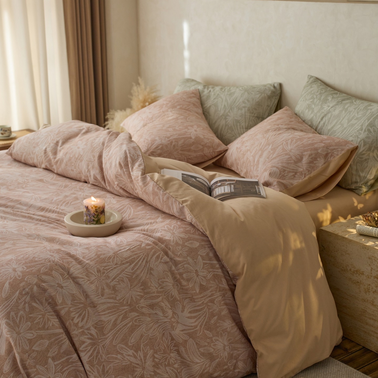 91家纺网 家纺一手货源 找家纺 安莱生活 2025新款A类40支磨毛印花全棉四件套 觅境-粉