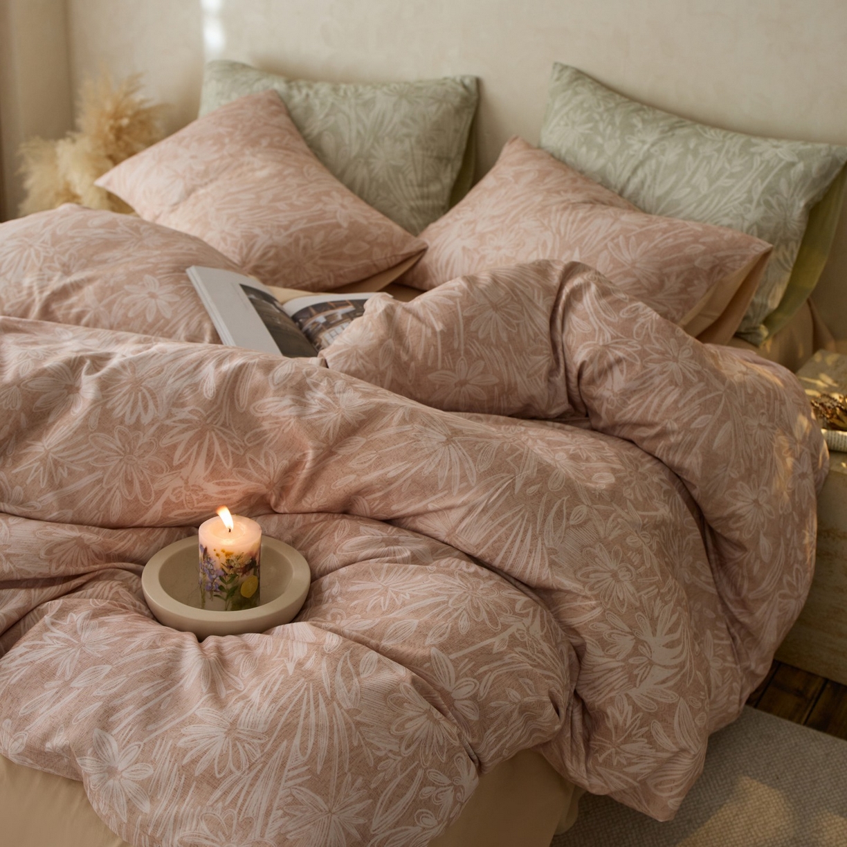 91家纺网 家纺一手货源 找家纺 安莱生活 2025新款A类40支磨毛印花全棉四件套 觅境-粉