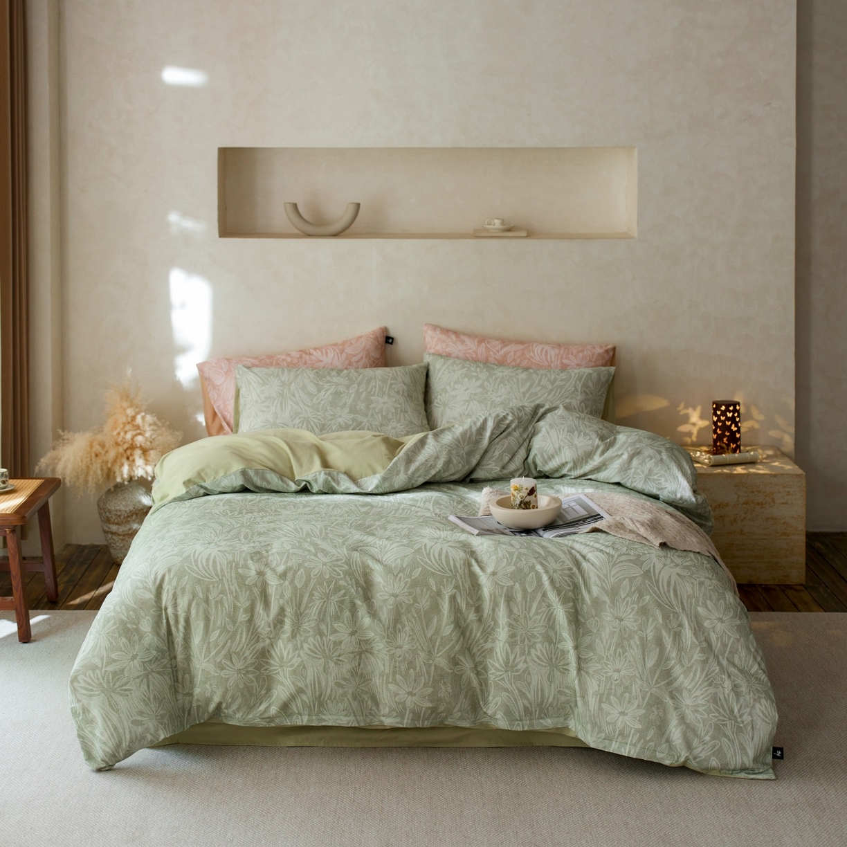 91家纺网 家纺一手货源 找家纺 安莱生活 2025新款A类40支磨毛印花全棉四件套 觅境-绿