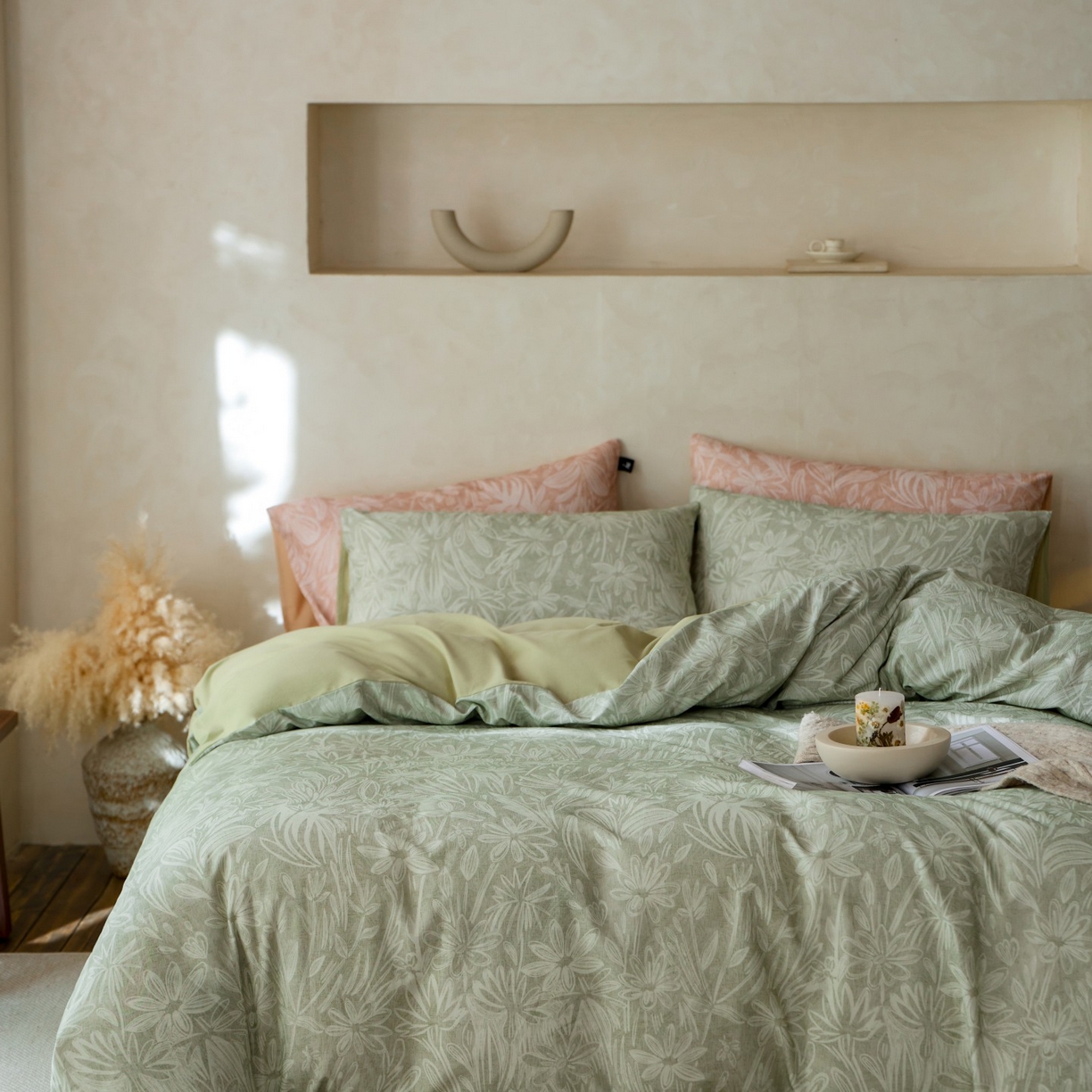 91家纺网 家纺一手货源 找家纺 安莱生活 2025新款A类40支磨毛印花全棉四件套 觅境-绿