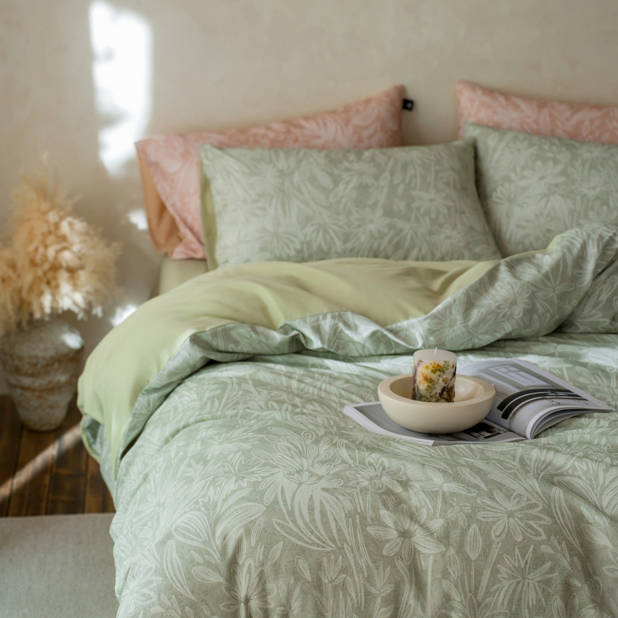 91家纺网 家纺一手货源 找家纺 安莱生活 2025新款A类40支磨毛印花全棉四件套 觅境-绿