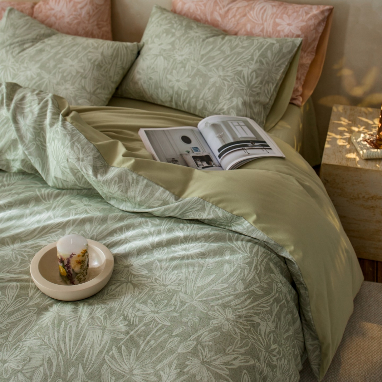 91家纺网 家纺一手货源 找家纺 安莱生活 2025新款A类40支磨毛印花全棉四件套 觅境-绿