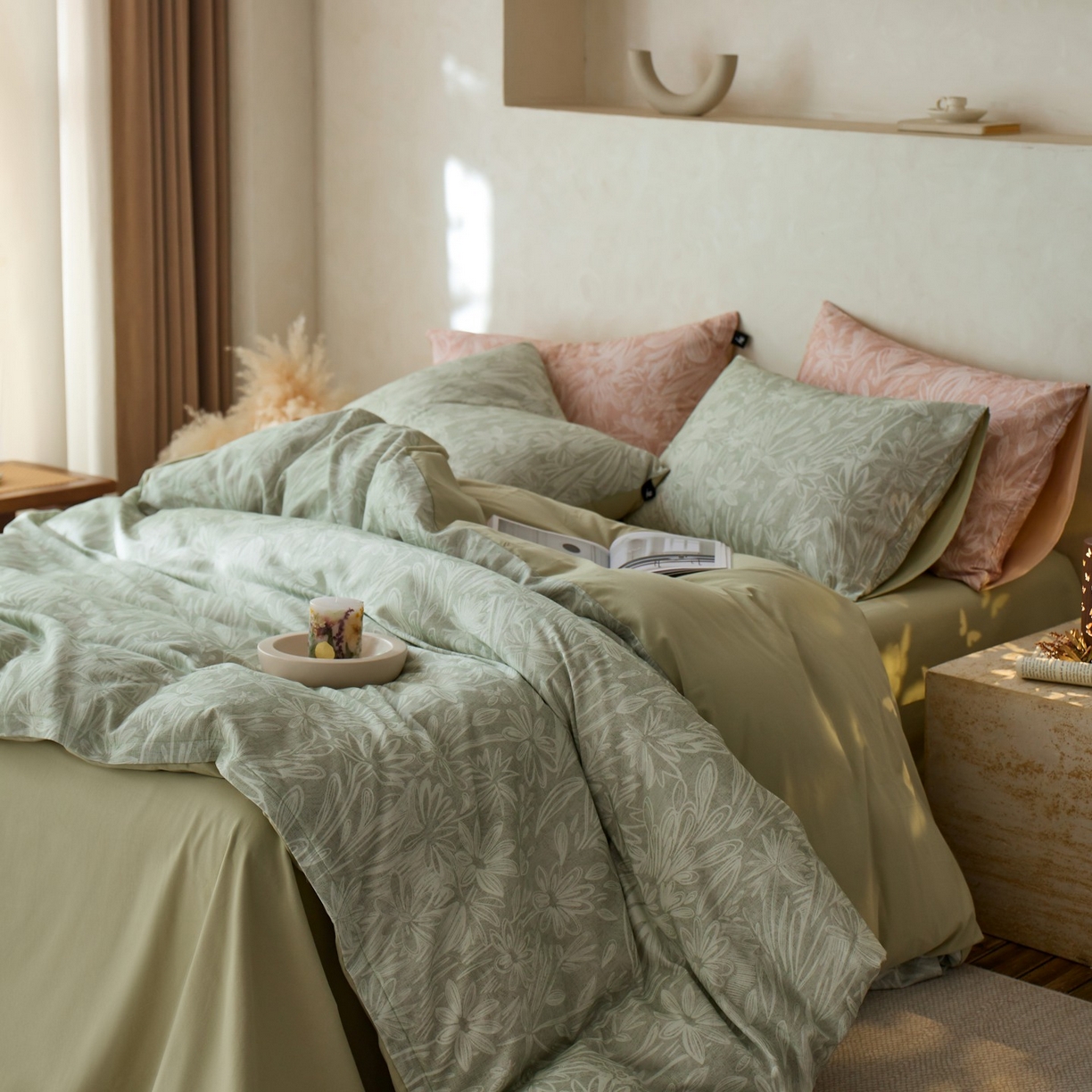 91家纺网 家纺一手货源 找家纺 安莱生活 2025新款A类40支磨毛印花全棉四件套 觅境-绿