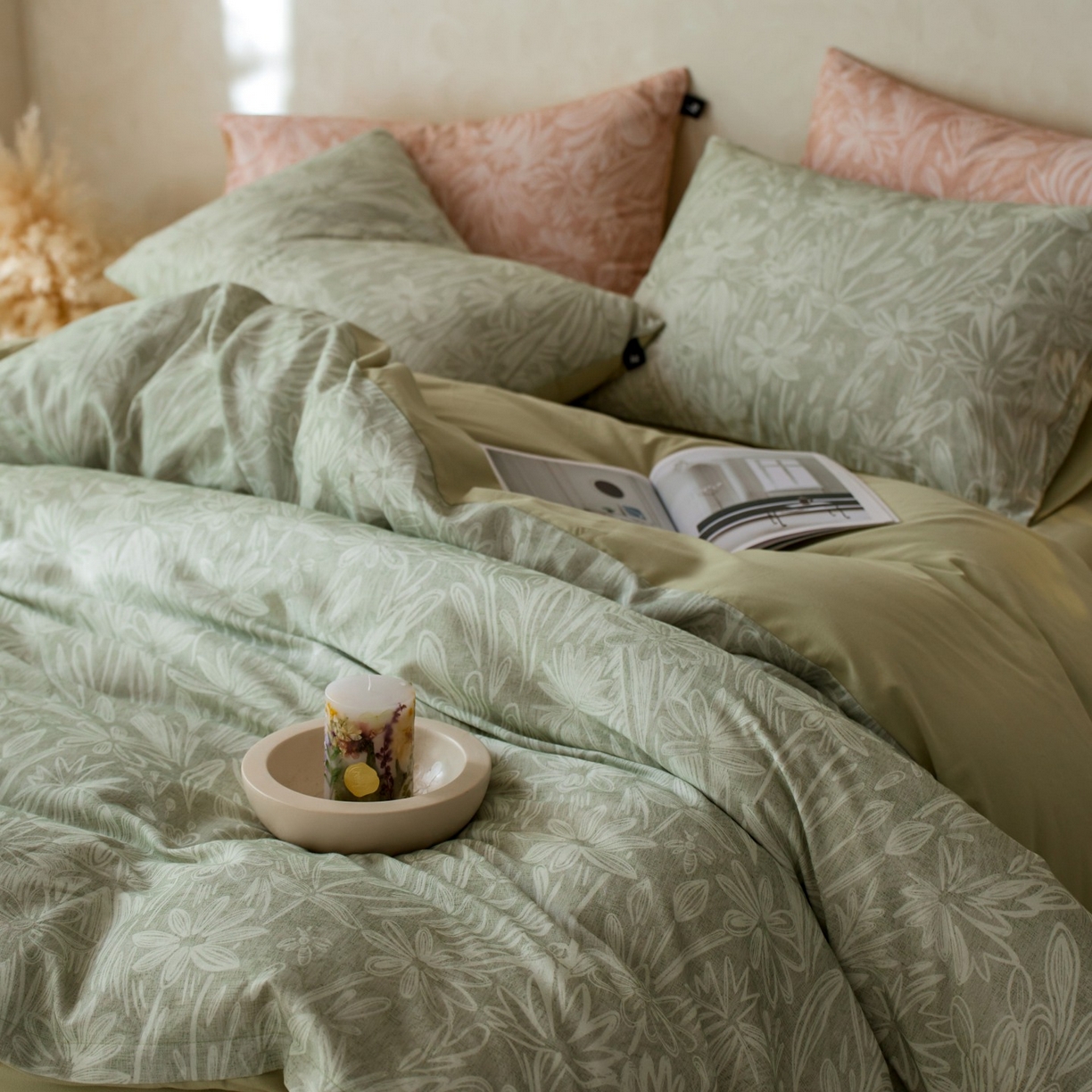 91家纺网 家纺一手货源 找家纺 安莱生活 2025新款A类40支磨毛印花全棉四件套 觅境-绿