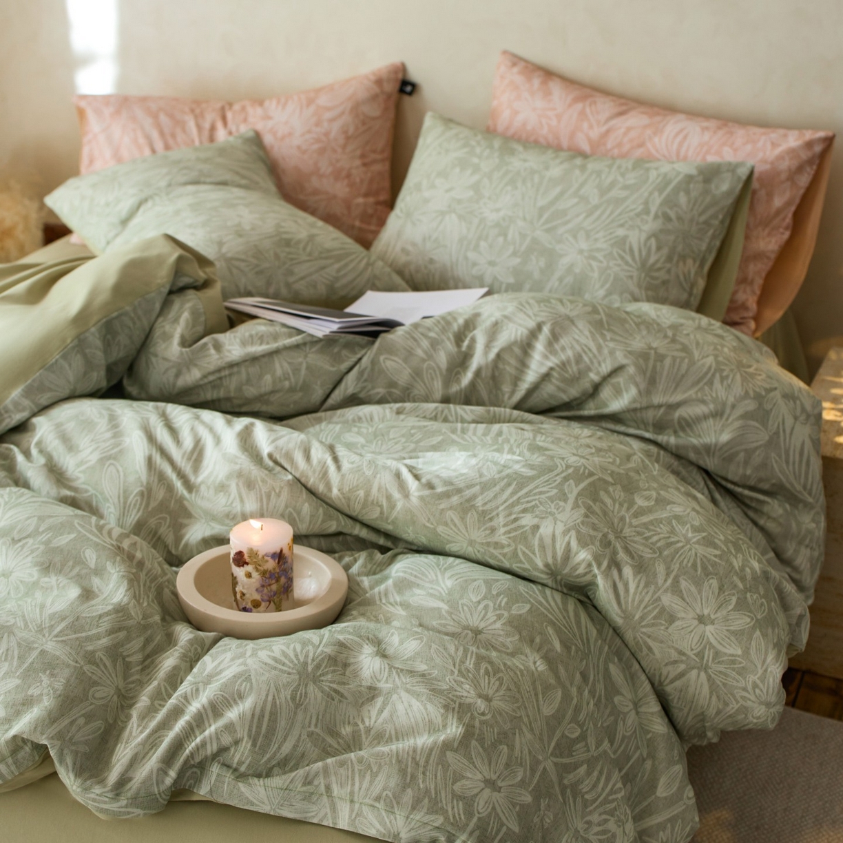 91家纺网 家纺一手货源 找家纺 安莱生活 2025新款A类40支磨毛印花全棉四件套 觅境-绿