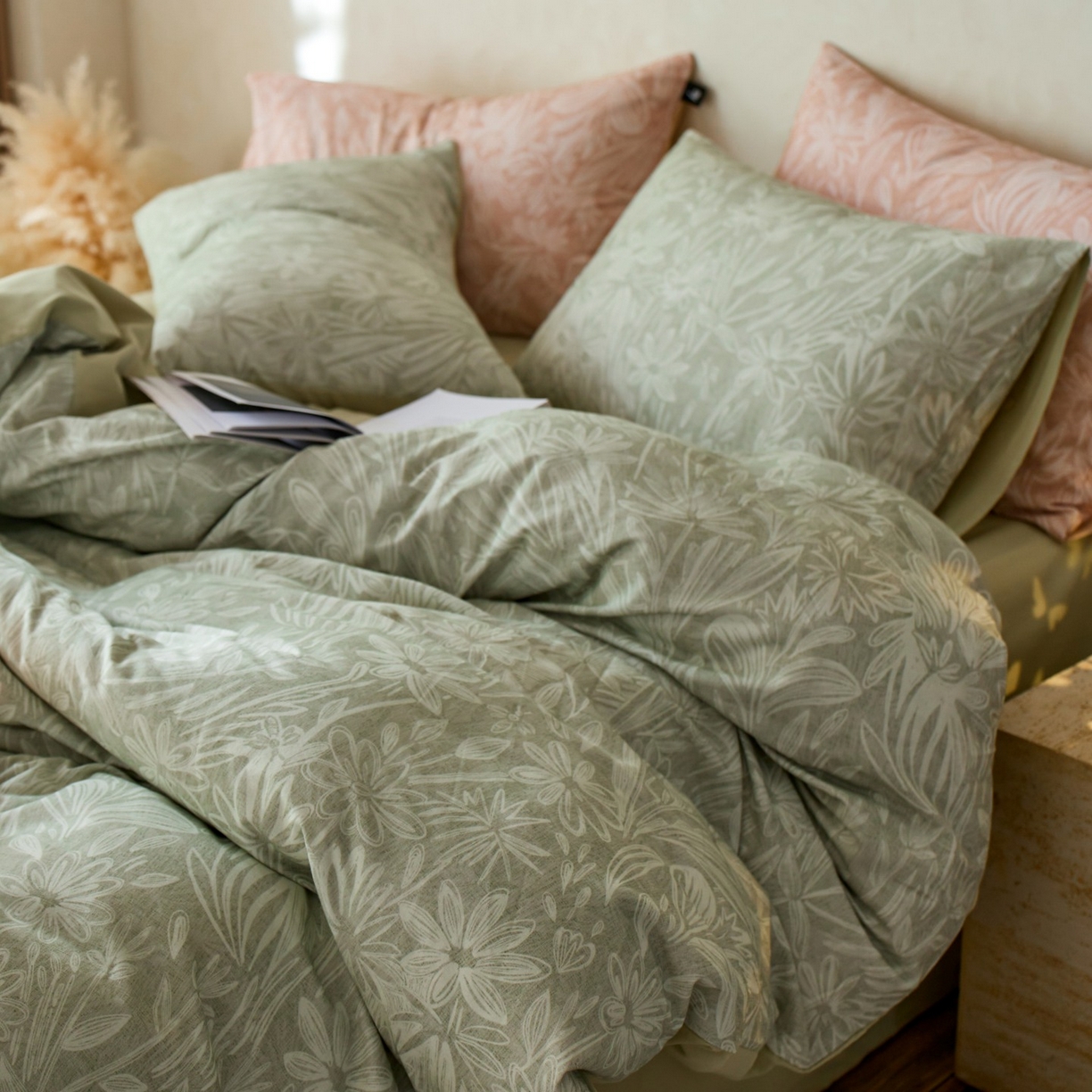 91家纺网 家纺一手货源 找家纺 安莱生活 2025新款A类40支磨毛印花全棉四件套 觅境-绿