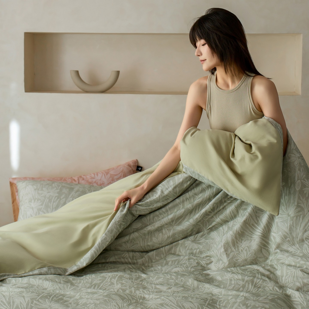 91家纺网 家纺一手货源 找家纺 安莱生活 2025新款A类40支磨毛印花全棉四件套 觅境-绿