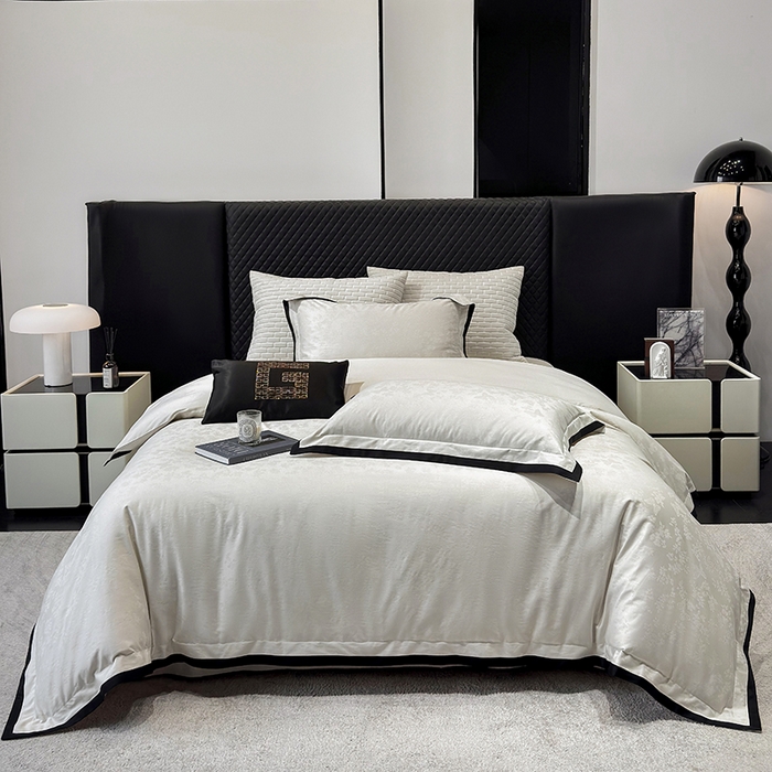 91家纺网 家纺一手货源 找家纺 （总）若未家居 LOVEWE HOUSE 2025新款50S长绒棉提花轻奢撞色小黑边工艺四件套- 繁星