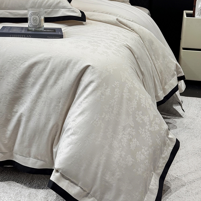 91家纺网 家纺一手货源 找家纺 （总）若未家居 LOVEWE HOUSE 2025新款50S长绒棉提花轻奢撞色小黑边工艺四件套- 繁星