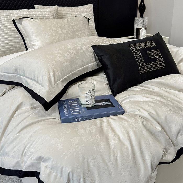 91家纺网 家纺一手货源 找家纺 （总）若未家居 LOVEWE HOUSE 2025新款50S长绒棉提花轻奢撞色小黑边工艺四件套- 繁星