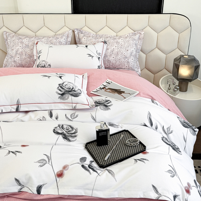 91家纺网 家纺一手货源 找家纺 2025年新款全棉长绒棉数码印花四件套 藤曼玫瑰