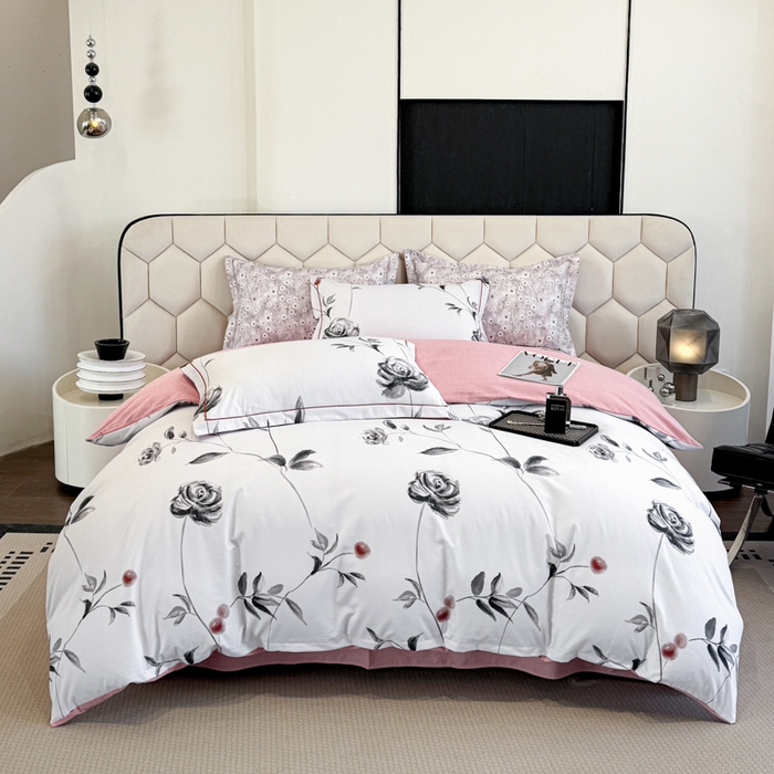 91家纺网 家纺一手货源 找家纺 2025年新款全棉长绒棉数码印花四件套 藤曼玫瑰