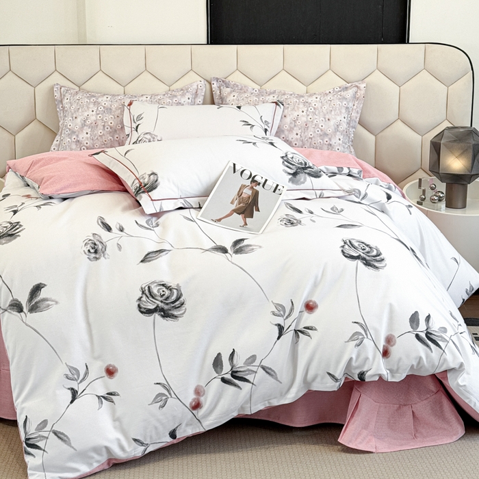 91家纺网 家纺一手货源 找家纺 2025年新款全棉长绒棉数码印花四件套 藤曼玫瑰