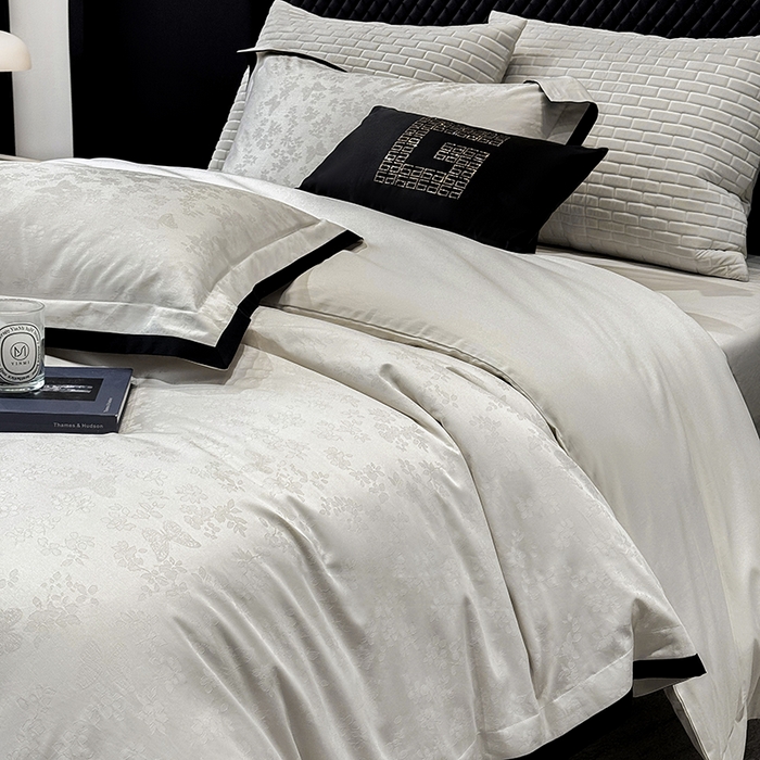 91家纺网 家纺一手货源 找家纺 （总）若未家居 LOVEWE HOUSE 2025新款50S长绒棉提花轻奢撞色小黑边工艺四件套- 繁星