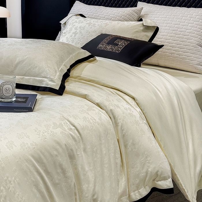 91家纺网 家纺一手货源 找家纺 （总）若未家居 LOVEWE HOUSE 2025新款50S长绒棉提花轻奢撞色小黑边工艺四件套- 繁星