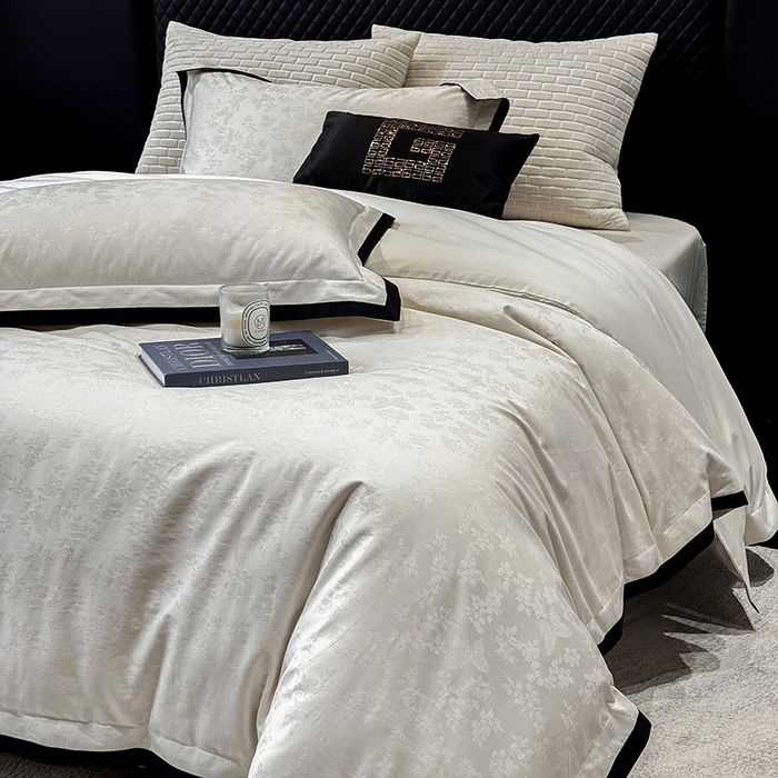 91家纺网 家纺一手货源 找家纺 若未家居 LOVEWE HOUSE 2025新款50S长绒棉提花轻奢撞色小黑边工艺四件套- 繁星 白