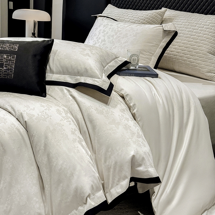 91家纺网 家纺一手货源 找家纺 若未家居 LOVEWE HOUSE 2025新款50S长绒棉提花轻奢撞色小黑边工艺四件套- 繁星 白