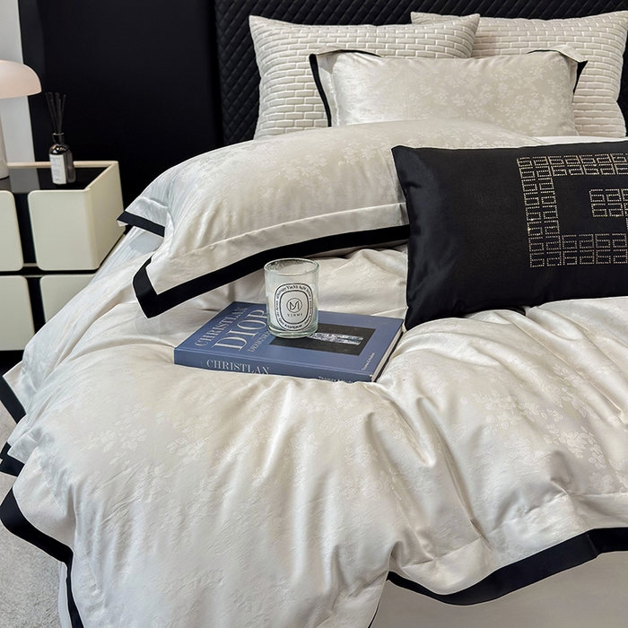 91家纺网 家纺一手货源 找家纺 若未家居 LOVEWE HOUSE 2025新款50S长绒棉提花轻奢撞色小黑边工艺四件套- 繁星 白