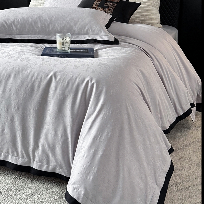 91家纺网 家纺一手货源 找家纺 若未家居 LOVEWE HOUSE 2025新款50S长绒棉提花轻奢撞色小黑边工艺四件套- 繁星 冰川灰