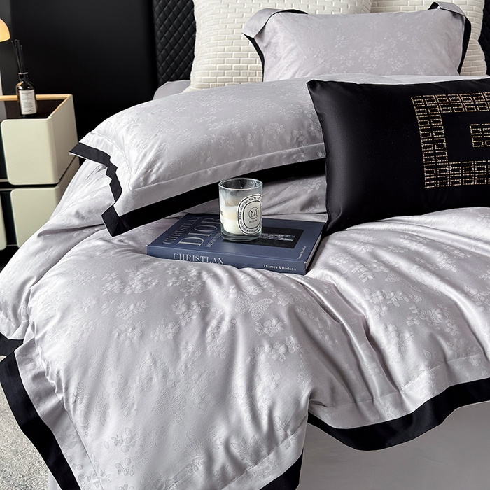91家纺网 家纺一手货源 找家纺 若未家居 LOVEWE HOUSE 2025新款50S长绒棉提花轻奢撞色小黑边工艺四件套- 繁星 冰川灰
