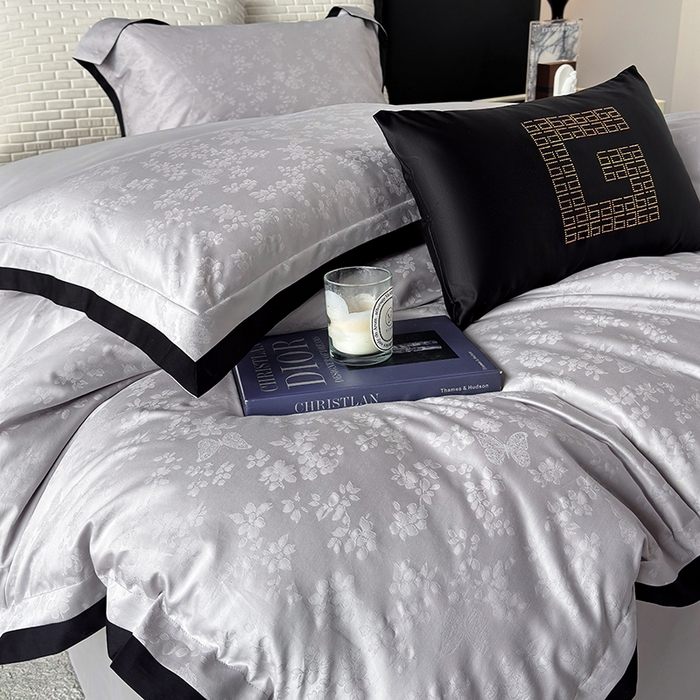 91家纺网 家纺一手货源 找家纺 若未家居 LOVEWE HOUSE 2025新款50S长绒棉提花轻奢撞色小黑边工艺四件套- 繁星 冰川灰