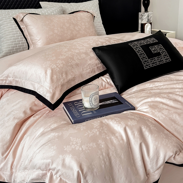 91家纺网 家纺一手货源 找家纺 若未家居 LOVEWE HOUSE 2025新款50S长绒棉提花轻奢撞色小黑边工艺四件套- 繁星 粉