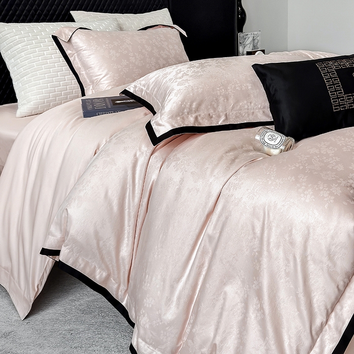 91家纺网 家纺一手货源 找家纺 若未家居 LOVEWE HOUSE 2025新款50S长绒棉提花轻奢撞色小黑边工艺四件套- 繁星 粉