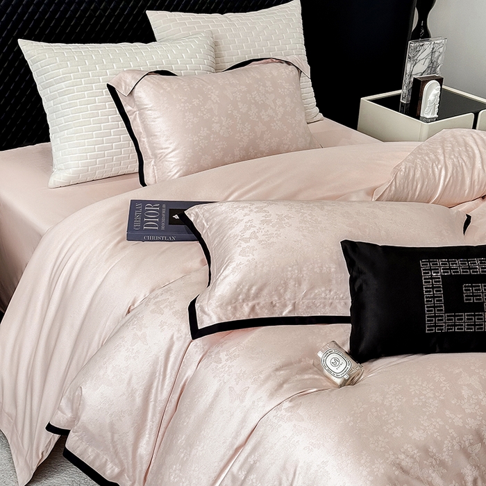 91家纺网 家纺一手货源 找家纺 若未家居 LOVEWE HOUSE 2025新款50S长绒棉提花轻奢撞色小黑边工艺四件套- 繁星 粉