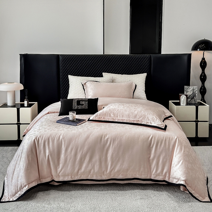 91家纺网 家纺一手货源 找家纺 若未家居 LOVEWE HOUSE 2025新款50S长绒棉提花轻奢撞色小黑边工艺四件套- 繁星 粉