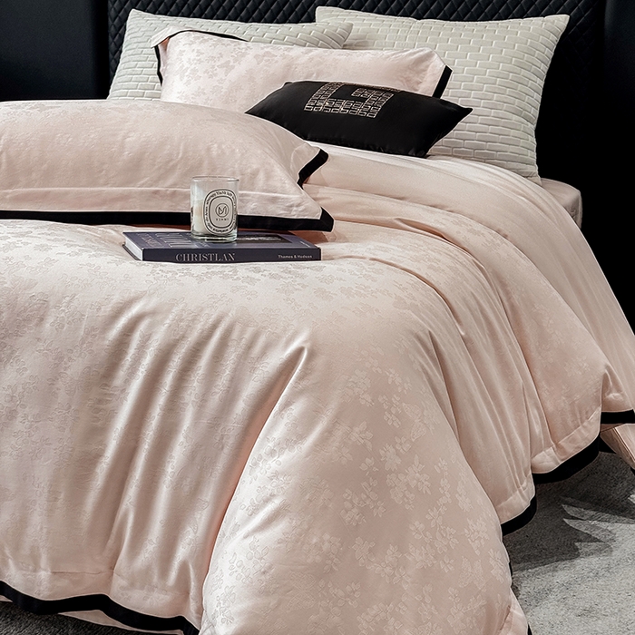 91家纺网 家纺一手货源 找家纺 若未家居 LOVEWE HOUSE 2025新款50S长绒棉提花轻奢撞色小黑边工艺四件套- 繁星 粉