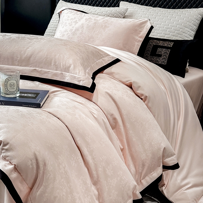 91家纺网 家纺一手货源 找家纺 若未家居 LOVEWE HOUSE 2025新款50S长绒棉提花轻奢撞色小黑边工艺四件套- 繁星 粉