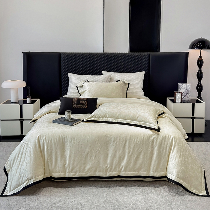 91家纺网 家纺一手货源 找家纺 若未家居 LOVEWE HOUSE 2025新款50S长绒棉提花轻奢撞色小黑边工艺四件套- 繁星 奶酪色