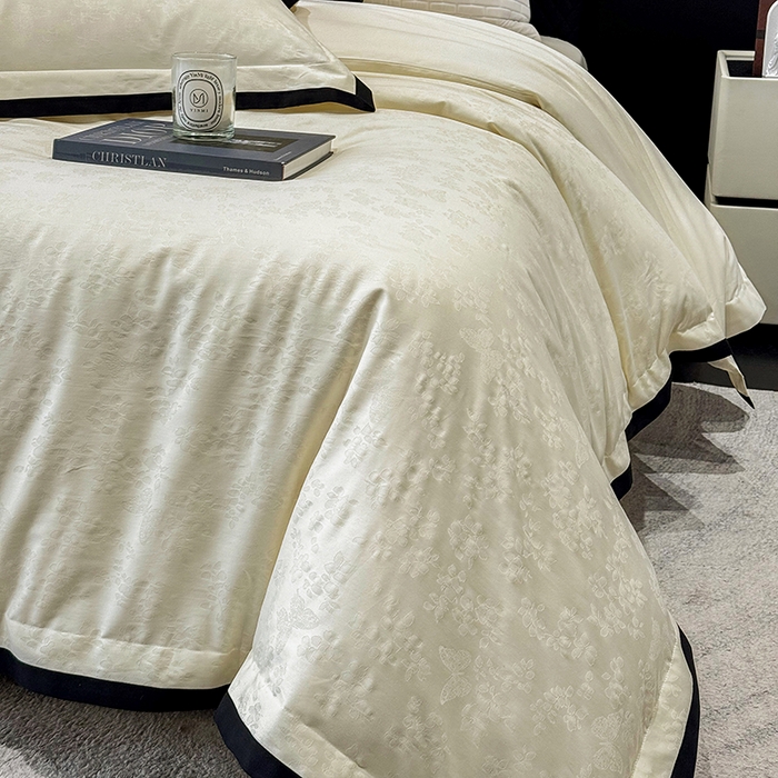 91家纺网 家纺一手货源 找家纺 若未家居 LOVEWE HOUSE 2025新款50S长绒棉提花轻奢撞色小黑边工艺四件套- 繁星 奶酪色