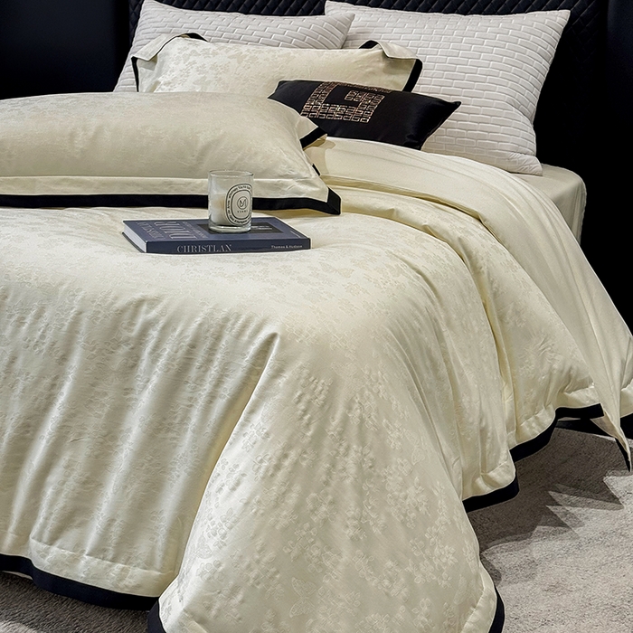 91家纺网 家纺一手货源 找家纺 若未家居 LOVEWE HOUSE 2025新款50S长绒棉提花轻奢撞色小黑边工艺四件套- 繁星 奶酪色