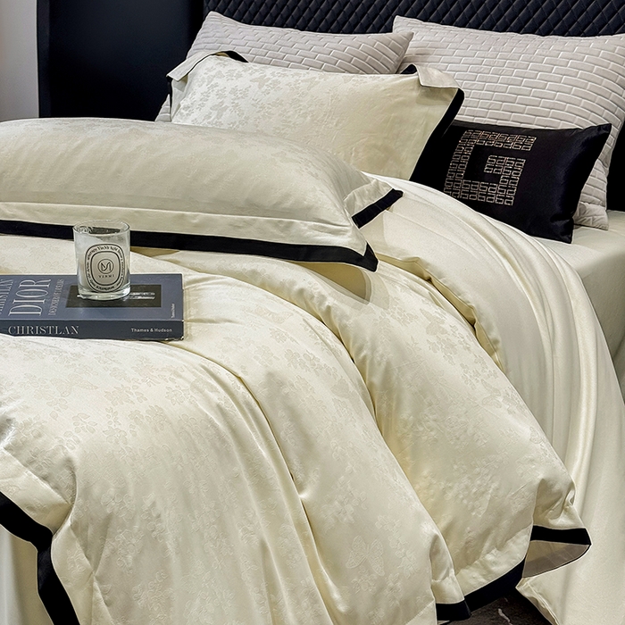 91家纺网 家纺一手货源 找家纺 若未家居 LOVEWE HOUSE 2025新款50S长绒棉提花轻奢撞色小黑边工艺四件套- 繁星 奶酪色