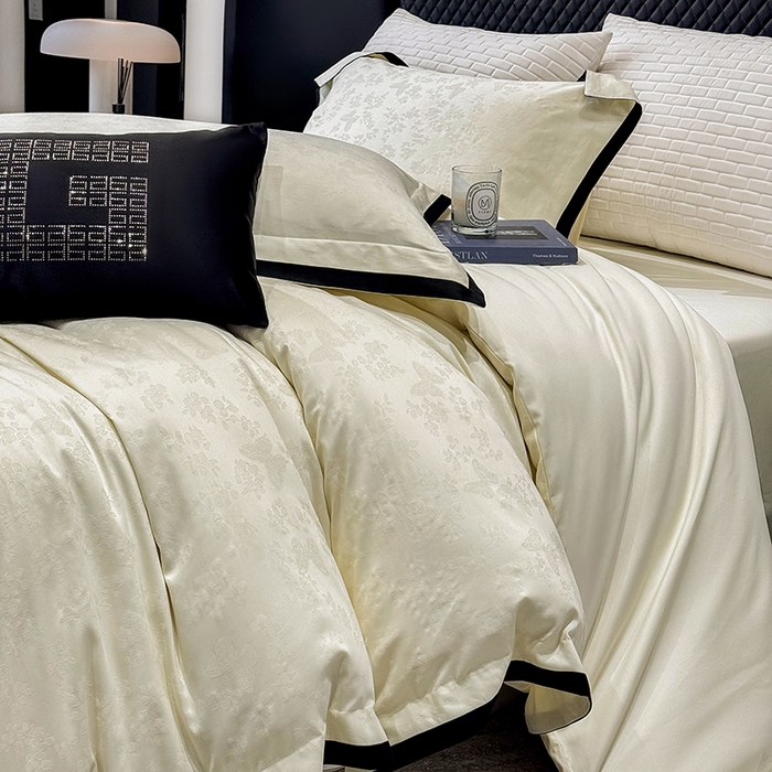 91家纺网 家纺一手货源 找家纺 若未家居 LOVEWE HOUSE 2025新款50S长绒棉提花轻奢撞色小黑边工艺四件套- 繁星 奶酪色