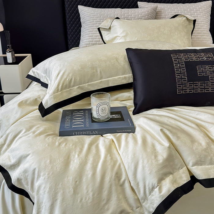 91家纺网 家纺一手货源 找家纺 若未家居 LOVEWE HOUSE 2025新款50S长绒棉提花轻奢撞色小黑边工艺四件套- 繁星 奶酪色