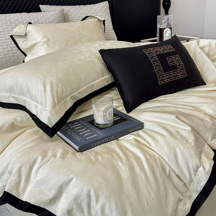 91家纺网 家纺一手货源 找家纺 若未家居 LOVEWE HOUSE 2025新款50S长绒棉提花轻奢撞色小黑边工艺四件套- 繁星 奶酪色