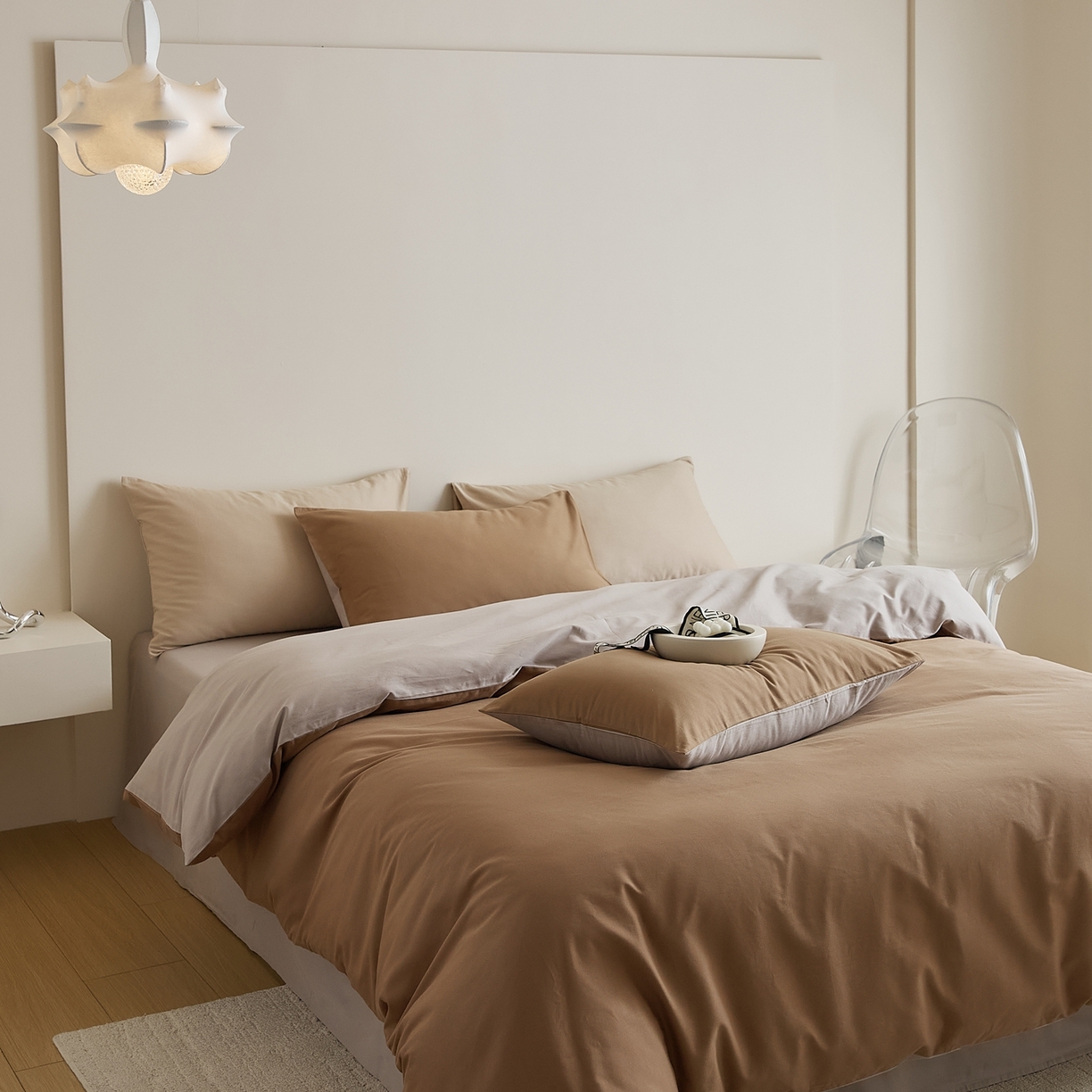 91家纺网 家纺一手货源 找家纺 禾时 2025新款A类全棉纯棉贡缎磨毛双拼色四件套 桦茶