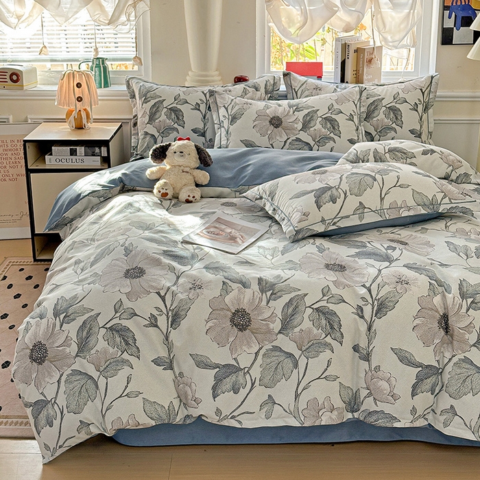 91家纺网 家纺一手货源 找家纺 优选直播新款全棉磨毛喷气印花四件套加厚纯棉三件套（一字绣工艺款）学生三件套 蓝汐