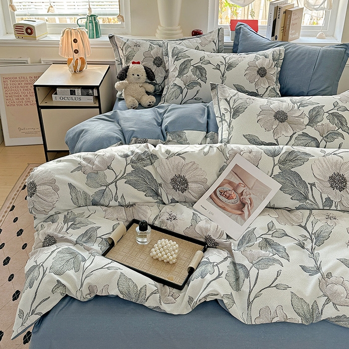 91家纺网 家纺一手货源 找家纺 优选直播新款全棉磨毛喷气印花四件套加厚纯棉三件套（一字绣工艺款）学生三件套 蓝汐