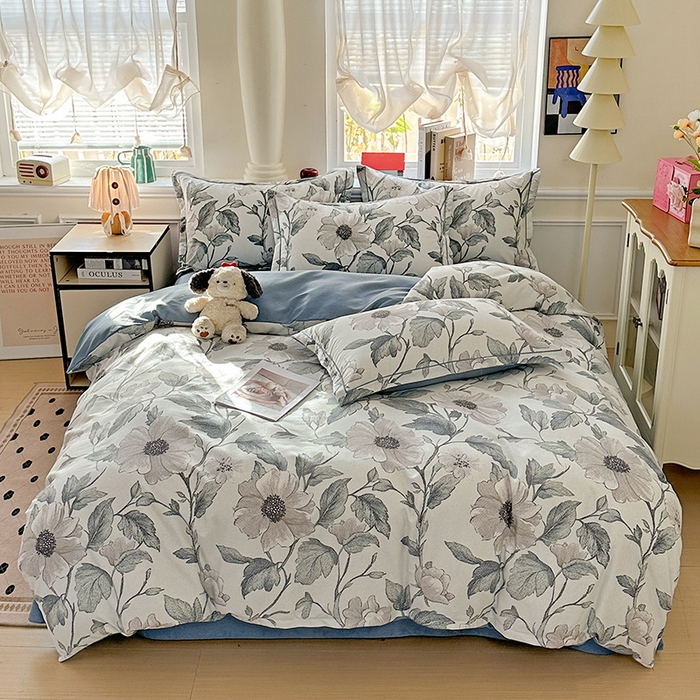 91家纺网 家纺一手货源 找家纺 优选直播新款全棉磨毛喷气印花四件套加厚纯棉三件套（一字绣工艺款）学生三件套 蓝汐