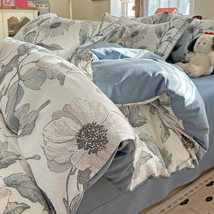 优选直播新款全棉磨毛喷气印花四件套加厚纯棉三件套（一字绣工艺款）学生三件套 蓝汐