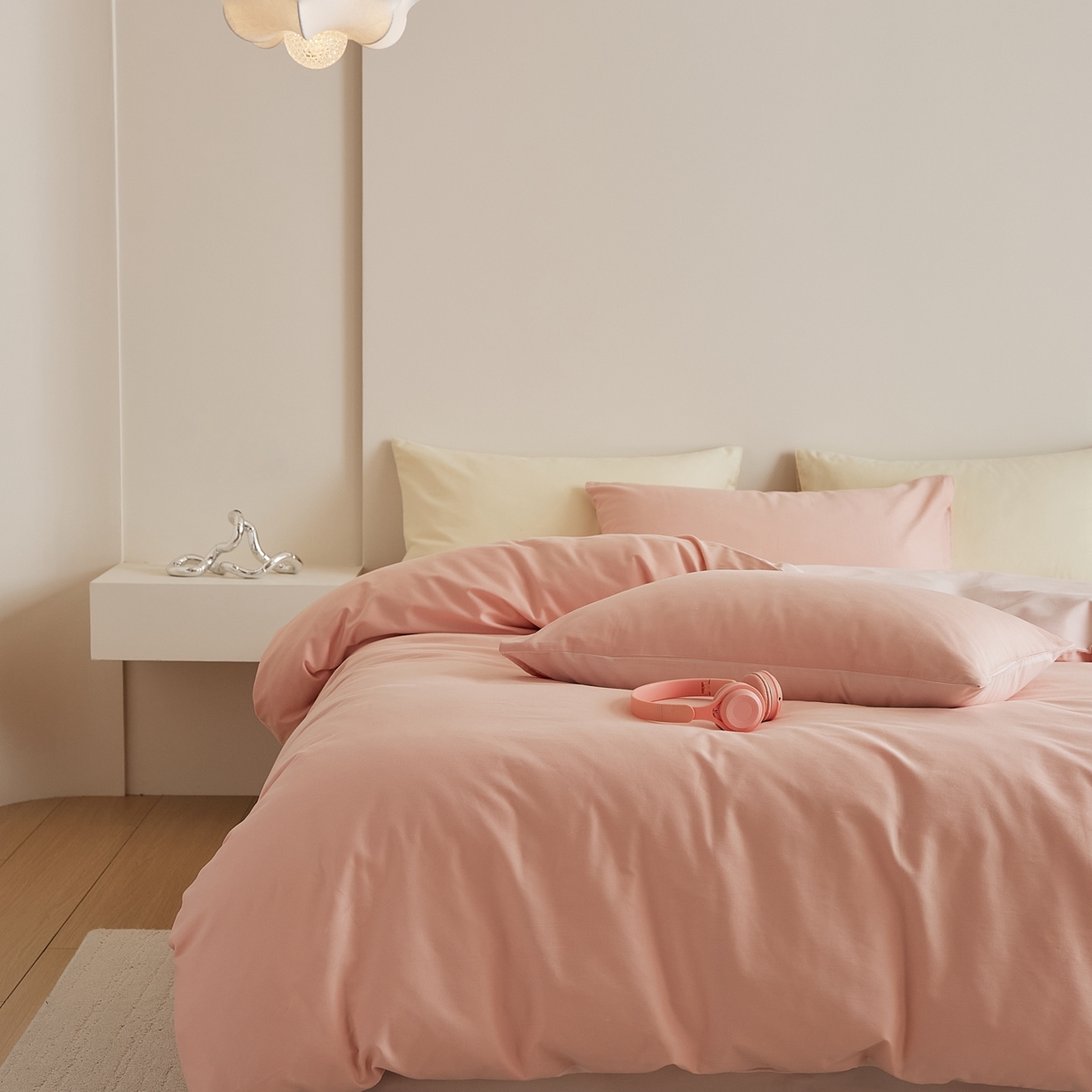 91家纺网 家纺一手货源 找家纺 禾时 2025新款A类全棉纯棉贡缎磨毛双拼色四件套 粉恋