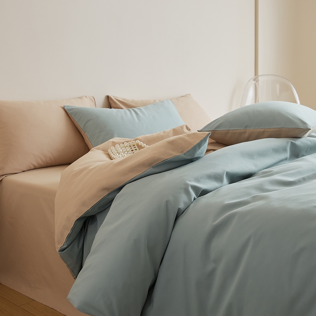 禾时 2025新款A类全棉纯棉贡缎磨毛双拼色四件套 蓝黛