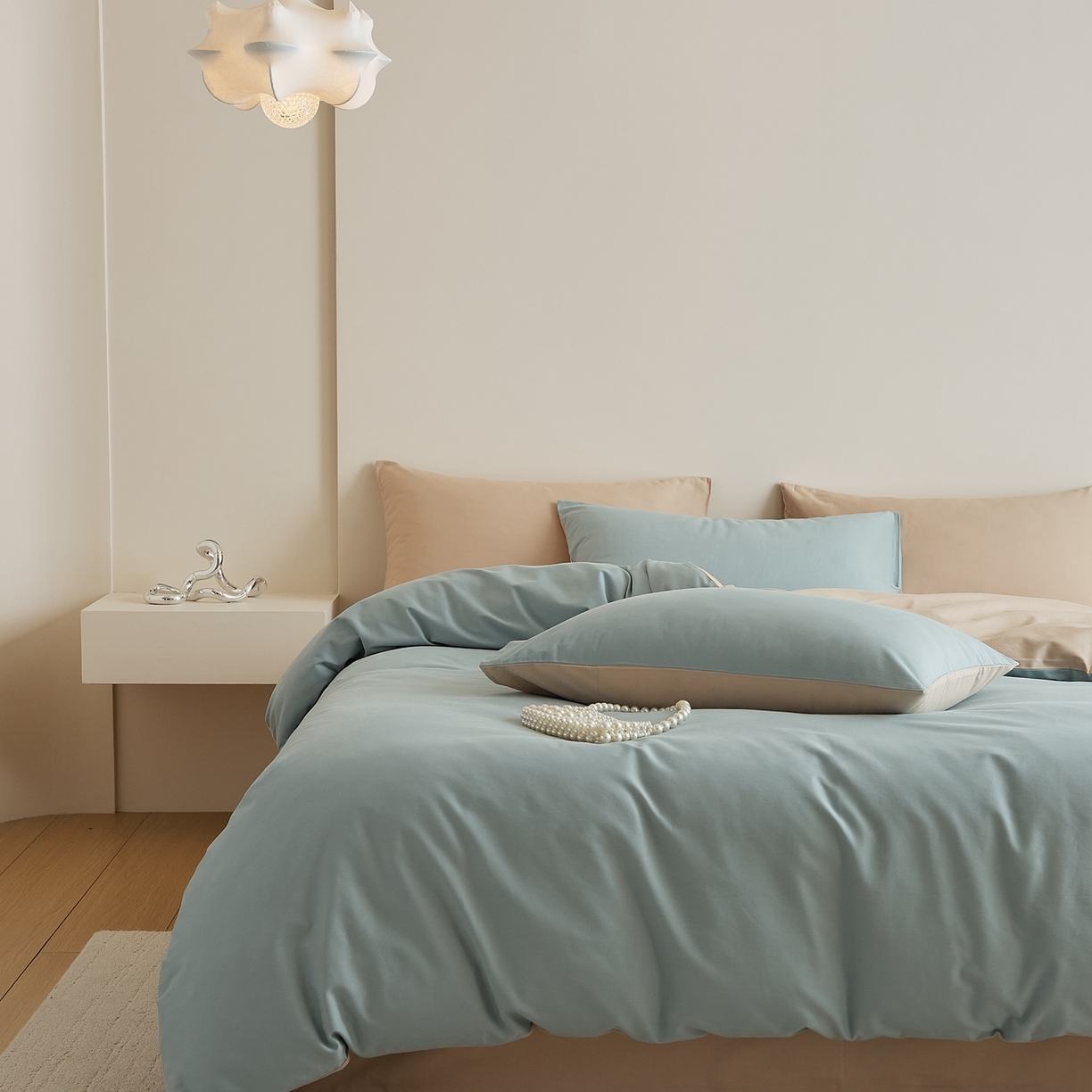 91家纺网 家纺一手货源 找家纺 禾时 2025新款A类全棉纯棉贡缎磨毛双拼色四件套 蓝黛